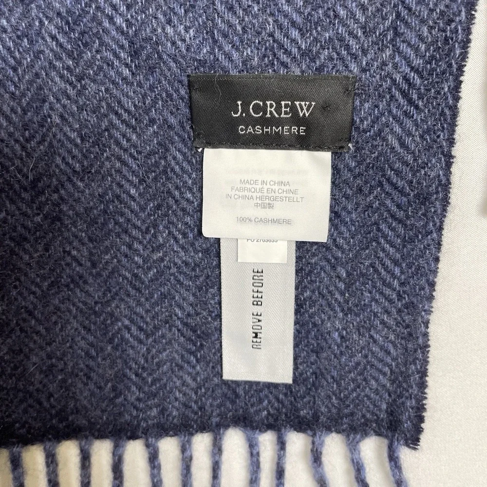 J Crew Cashmere Reversible Scarf Mens 65x12‎ Navy Herringbone Pin Stripe Fringe